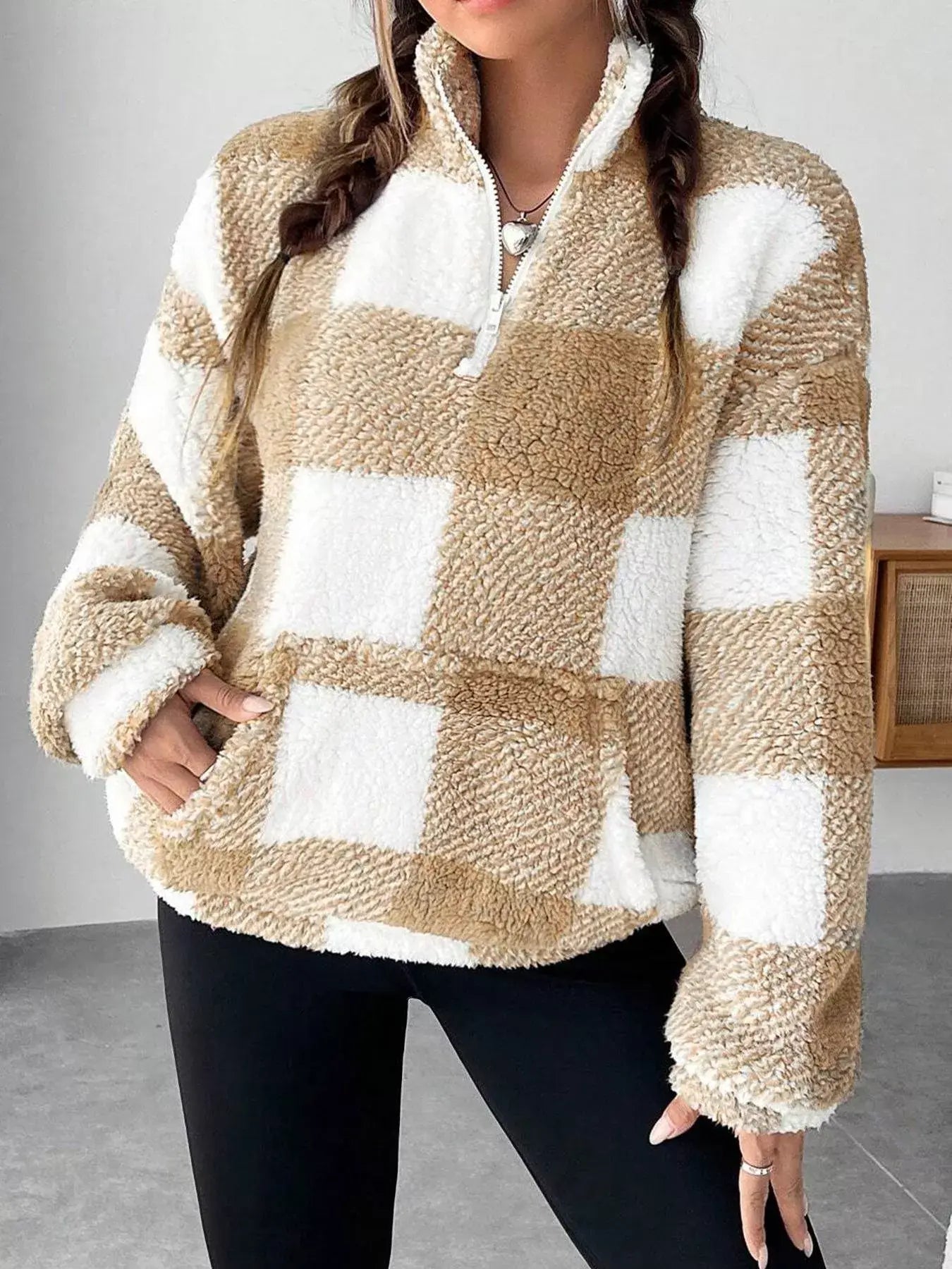 Full Size Plaid Sherpa Long Sleeve Sweatshirt Plus Size - Trendsi - Flyclothing LLC