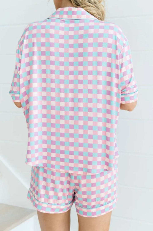 Plaid Collared Neck Short Sleeve Top and Shorts Lounge Set - Trendsi - Flyclothing LLC