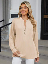 Striped Notched Long Sleeve T-Shirt - Trendsi - Flyclothing LLC