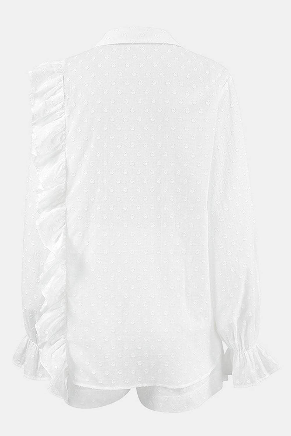 Ruffled Dot Applique Collared Neck Top and Shorts Set - Trendsi - Flyclothing LLC