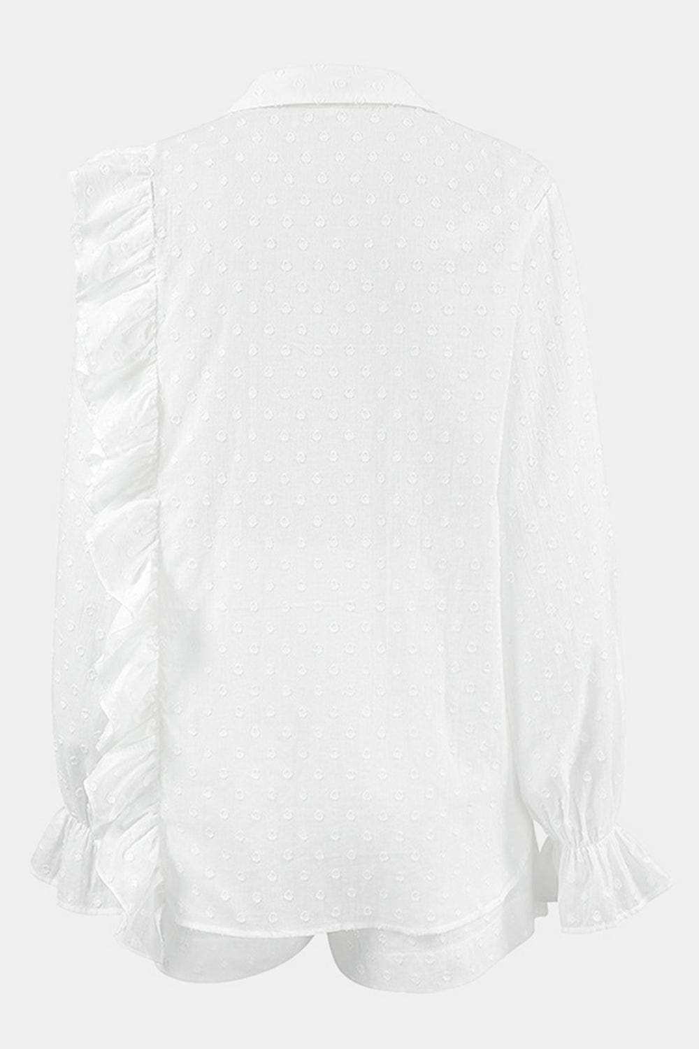 Ruffled Dot Applique Collared Neck Top and Shorts Set - Trendsi - Flyclothing LLC