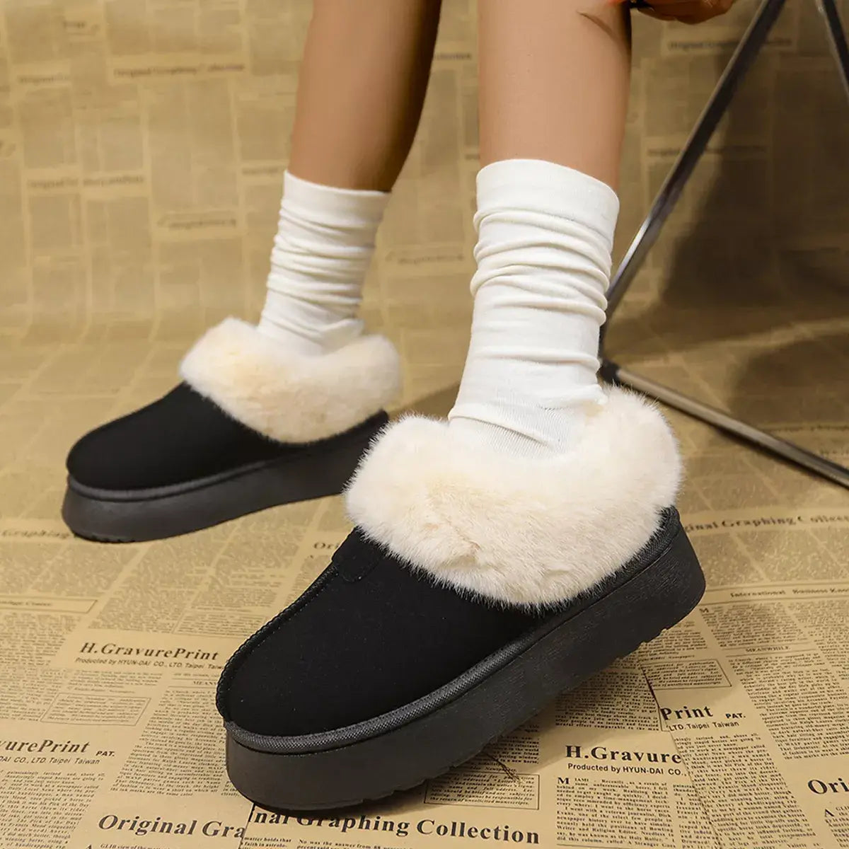 Fuzzy Trim Platform Boots - Trendsi - Flyclothing LLC