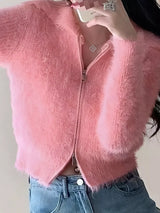 Fluffy Knit Zip-Up Outerwear - Trendsi - Flyclothing LLC