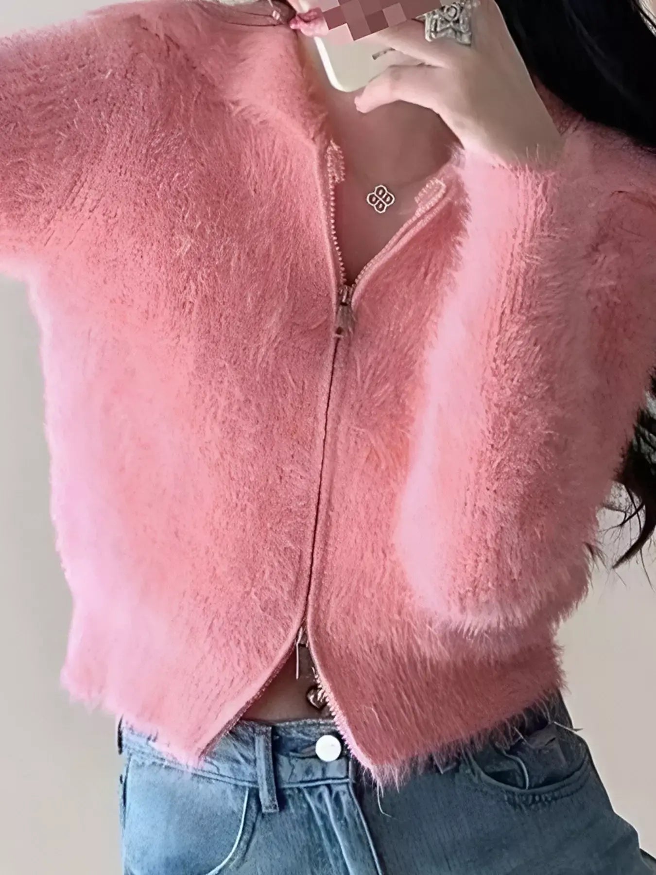 Fluffy Knit Zip-Up Outerwear - Trendsi - Flyclothing LLC