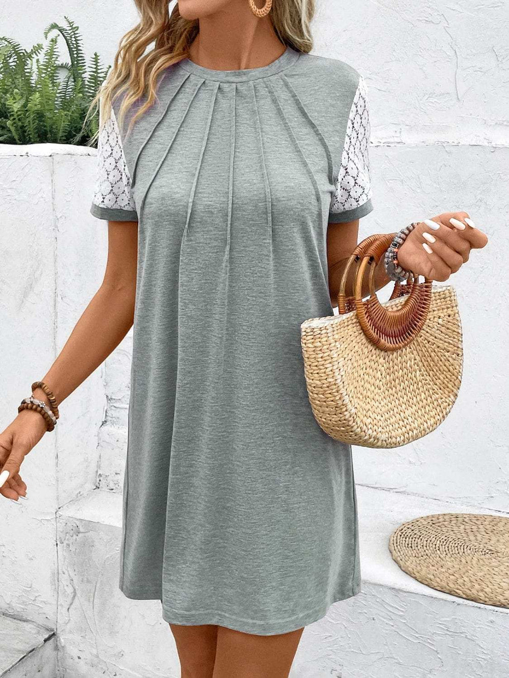 Lace Detail Round Neck Short Sleeve Mini Dress - Trendsi - Flyclothing LLC