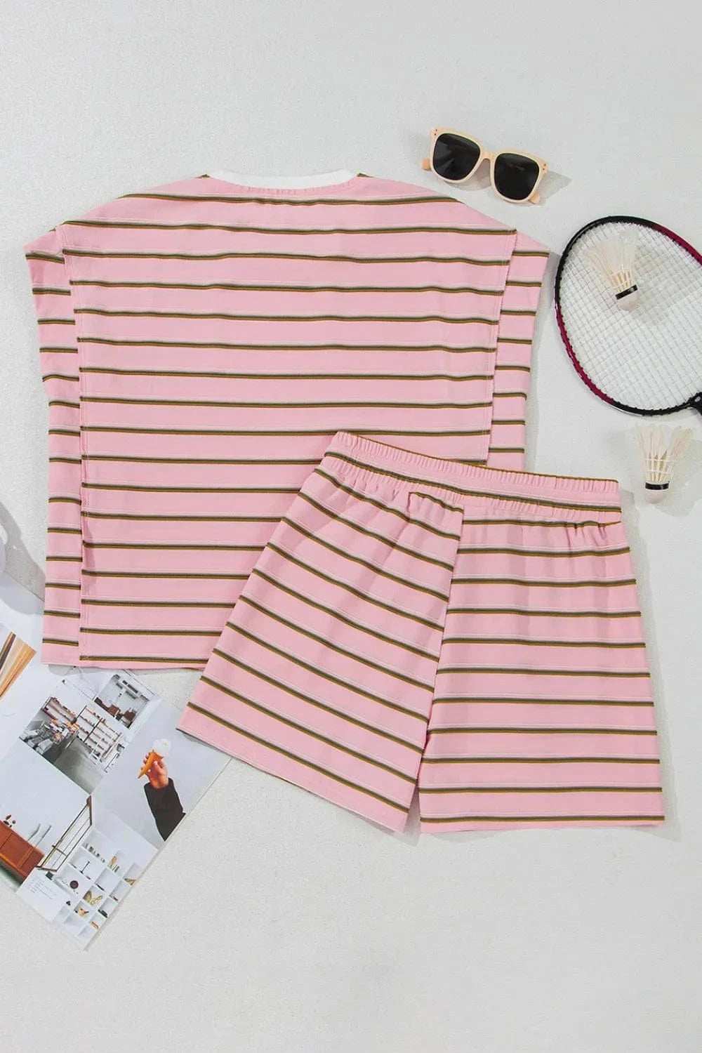 Stripe Wide Short Sleeve Tee and Short Set - Trendsi - Flyclothing LLC