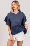 SAGE + FIG Ruffle Sleeve Washed Short Sleeve Blouse - Trendsi