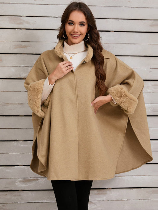 Fuzzy Trim Long Sleeve Poncho - Trendsi