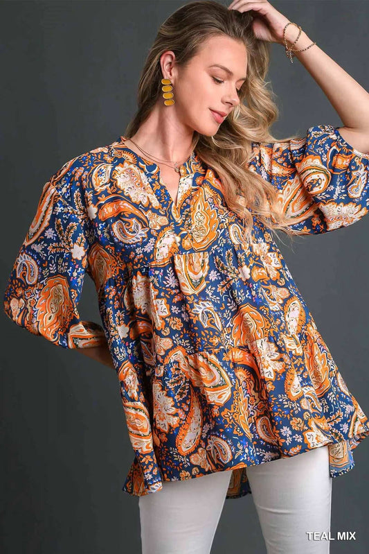 Umgee Mix Paisley Boho Tunic Blouse - Trendsi - Flyclothing LLC