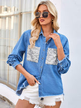 Raw Hem Button Up Long Sleeve Denim Jacket with Sequin Pockets - Trendsi - Flyclothing LLC
