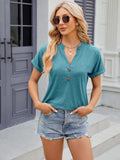 Decorative Button Notched Short Sleeve T-Shirt - Trendsi - Flyclothing LLC