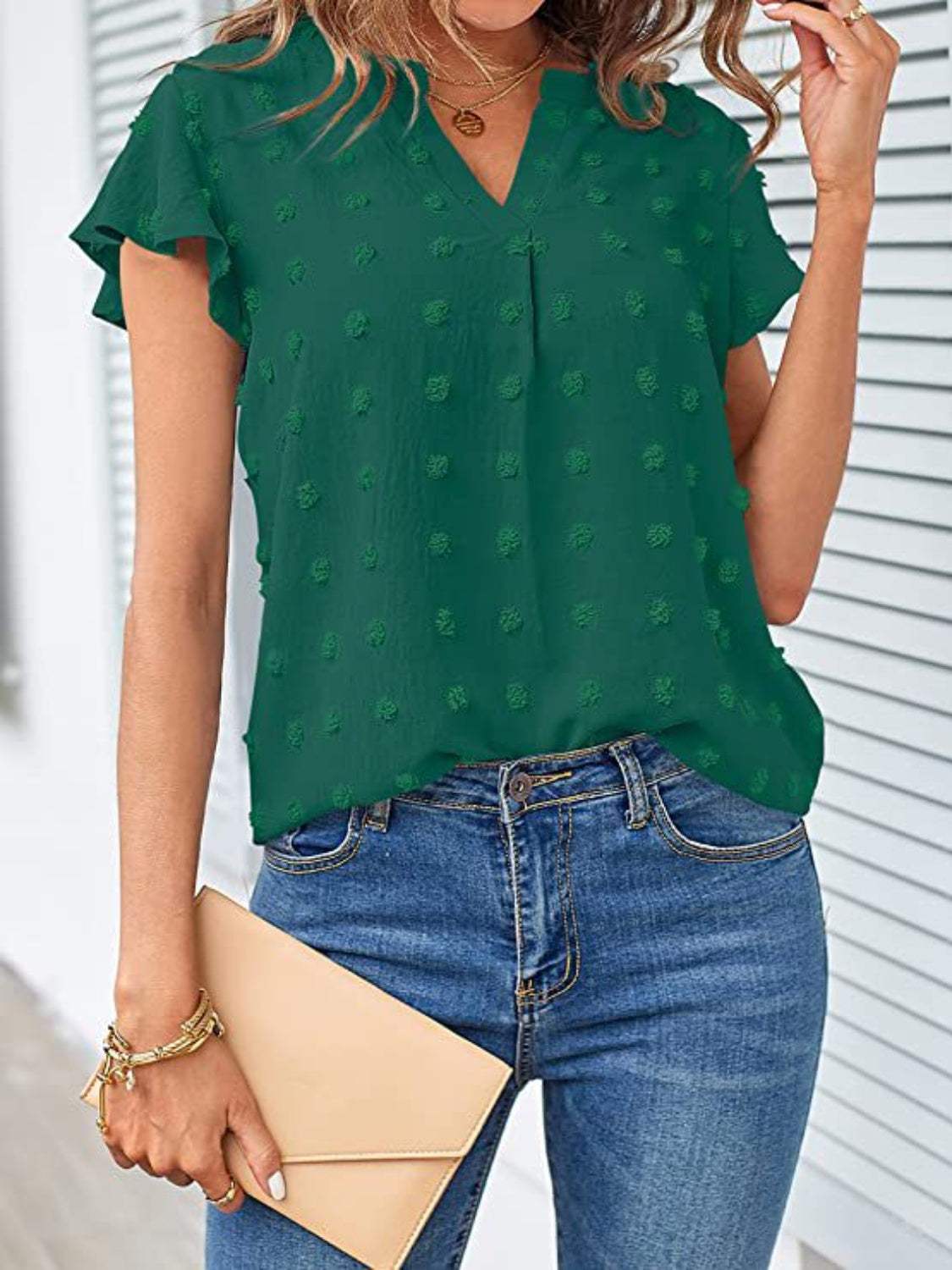 Swiss Dot Notched Cap Sleeve Blouse - Trendsi - Flyclothing LLC