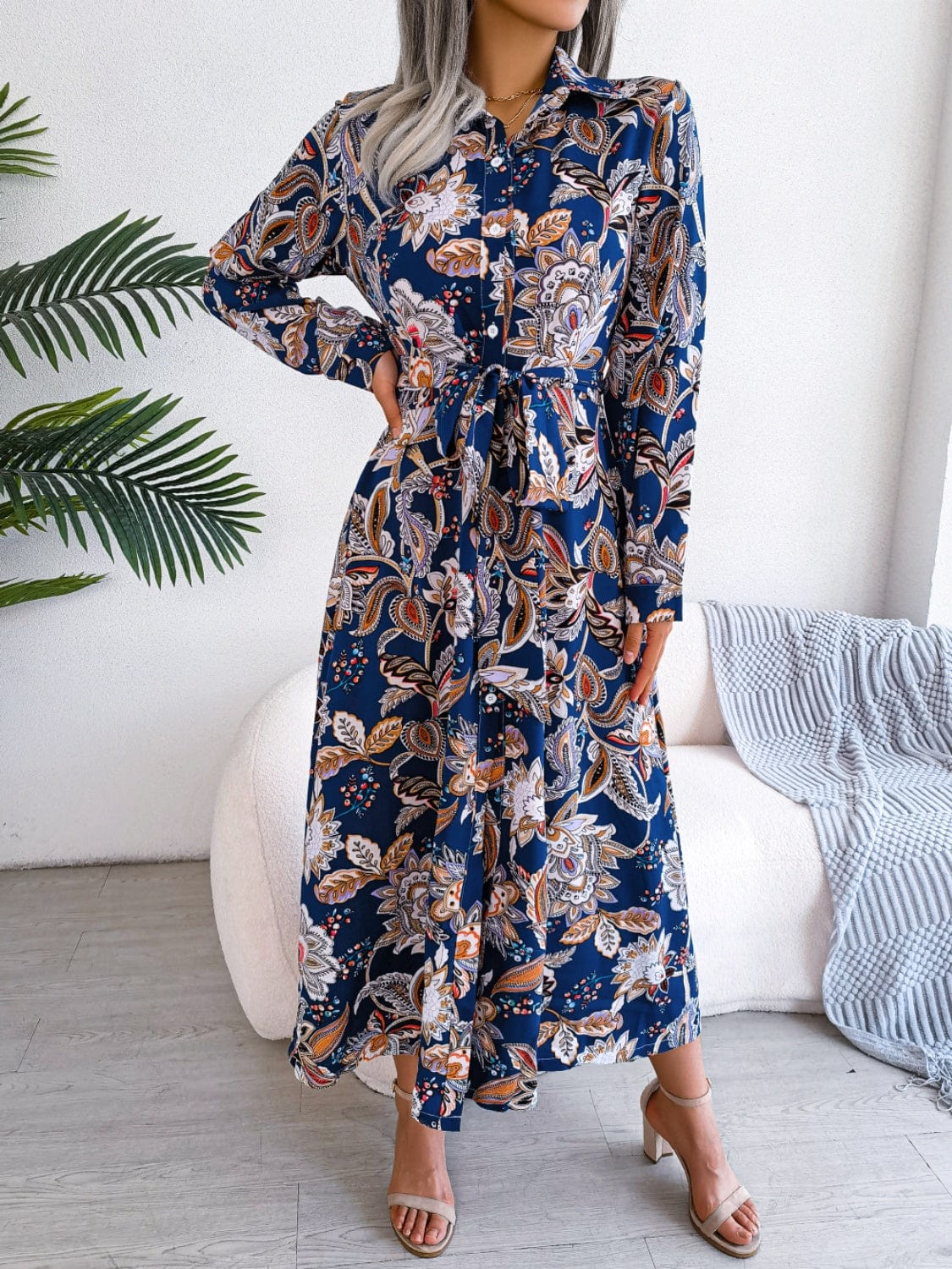 Tied Printed Long Sleeve Midi Dress - Trendsi