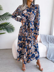 Tied Printed Long Sleeve Midi Dress - Trendsi
