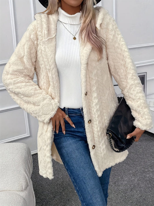 Fuzzy Button Down Hooded Coat - Trendsi
