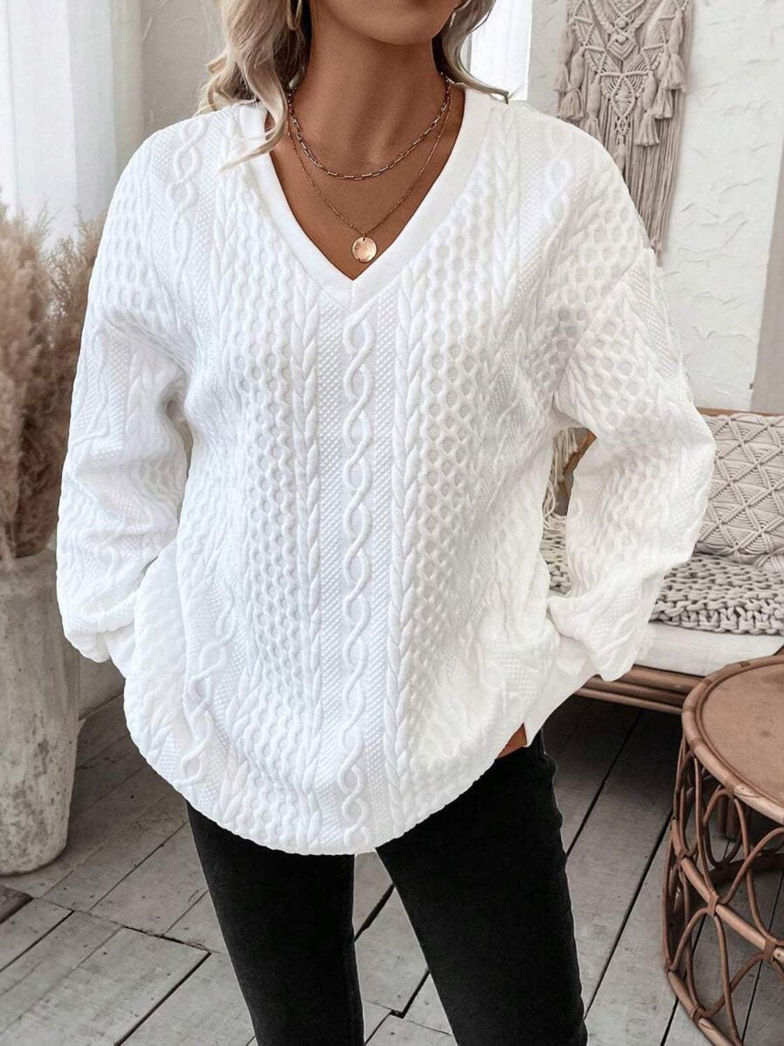 V-Neck Long Sleeve Sweatshirt - Trendsi - Flyclothing LLC