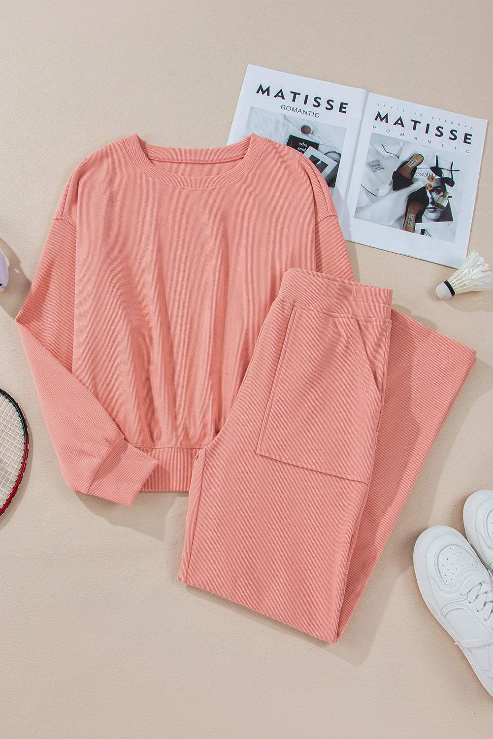 Round Neck Long Sleeve Top and Pants Set - Trendsi - Flyclothing LLC