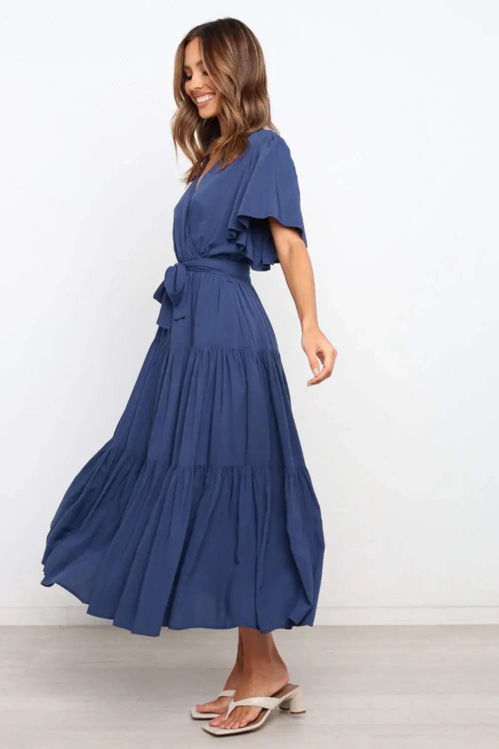 Front Tie Short Sleeve Tiered Midi Dress - Trendsi - Flyclothing LLC