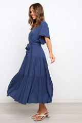 Front Tie Short Sleeve Tiered Midi Dress - Trendsi - Flyclothing LLC