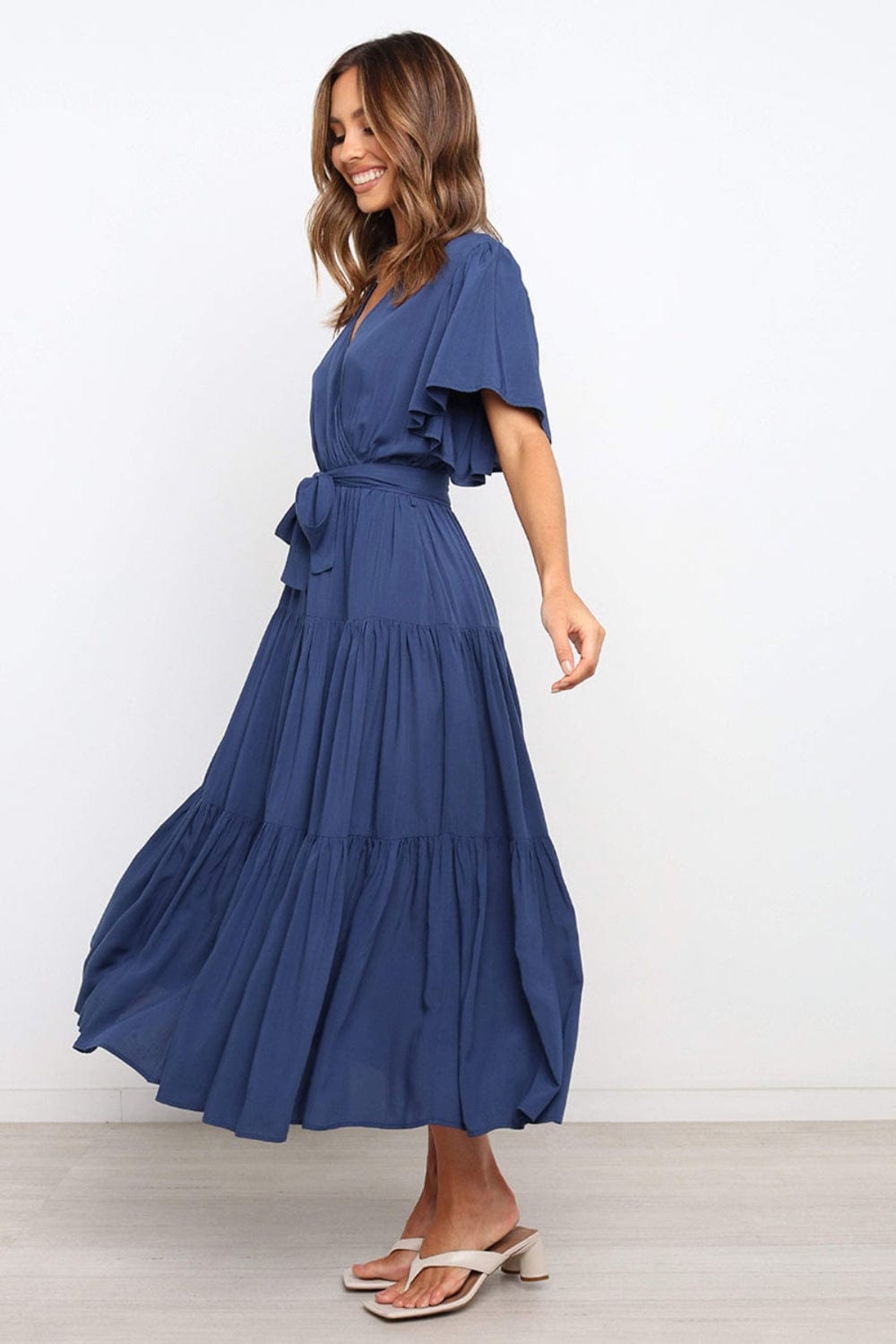 Front Tie Short Sleeve Tiered Midi Dress - Trendsi