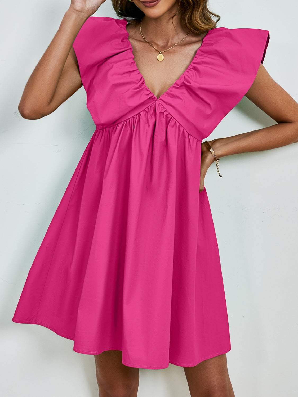 V-Neck Cap Sleeve Mini Dress - Trendsi - Flyclothing LLC