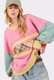 SAGE + FIG Mineral Wash Raw Edge Color Block Sweatshirt - Trendsi