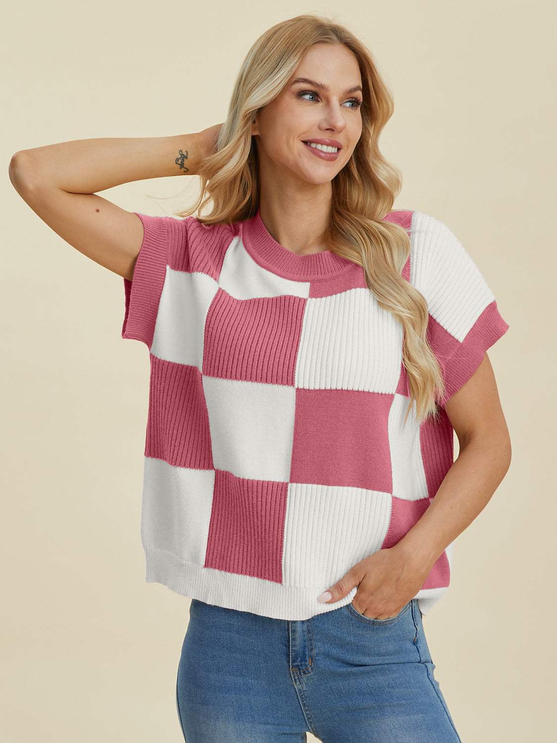 Double Take Full Size Checkered Round Neck Short Sleeve Sweater - Trendsi - Flyclothing LLC