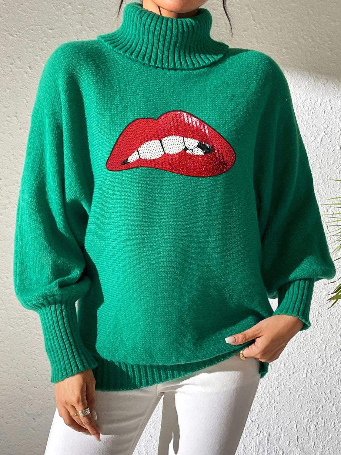 Lip Turtleneck Long Sleeve Sweater - Trendsi - Flyclothing LLC