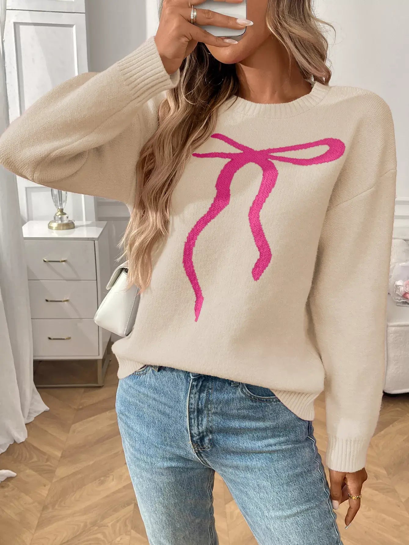 Bow Round Neck Long Sleeve Sweater - Trendsi - Flyclothing LLC