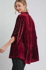 Umgee Pearl Detail Collared Neck Velvet Babydoll Blouse - Trendsi - Flyclothing LLC