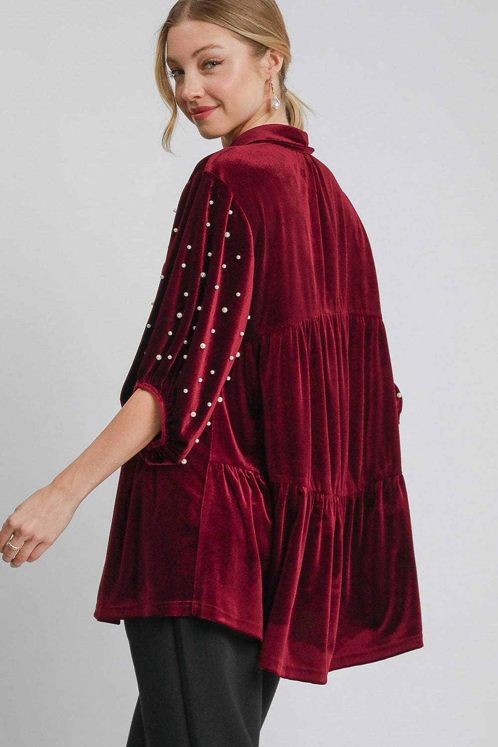 Umgee Pearl Detail Collared Neck Velvet Babydoll Blouse - Trendsi - Flyclothing LLC