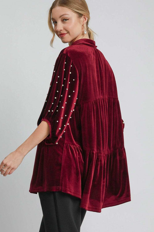 Umgee Pearl Detail Collared Neck Velvet Babydoll Blouse - Trendsi - Flyclothing LLC