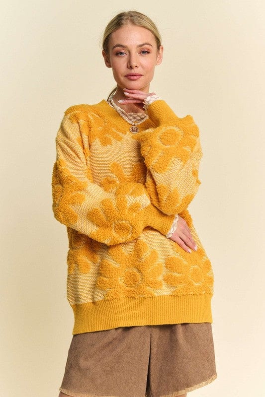 Davi & Dani Flower Texture Round Neck Dropped Shoulder Sweater - Trendsi