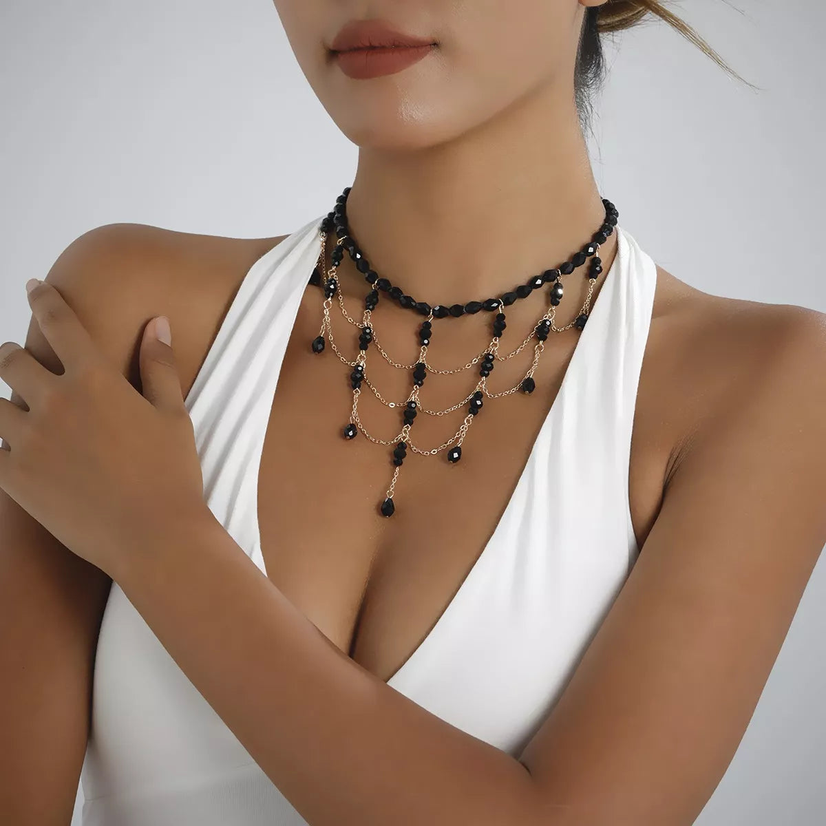 Beaded Choker Necklace with Draping Chains - Trendsi - Flyclothing LLC
