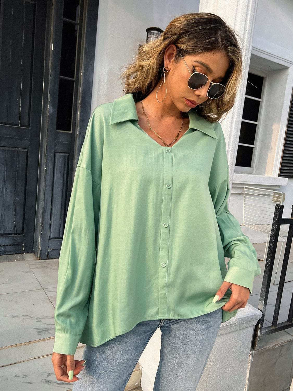 Button Down Collared Neck Long Sleeve Shirt - Trendsi - Flyclothing LLC