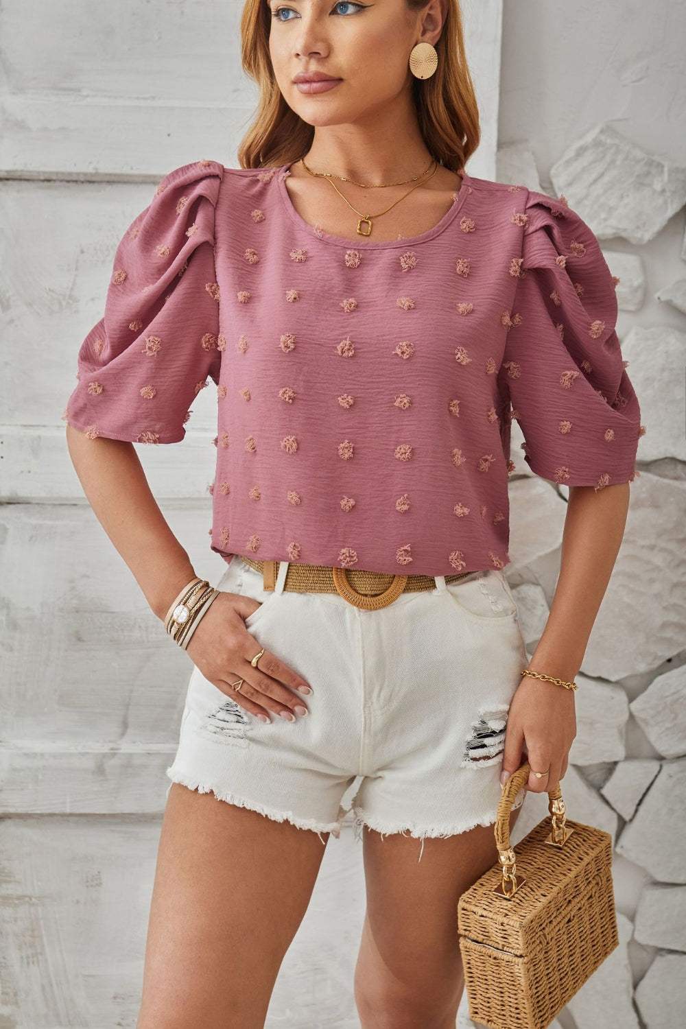 Swiss Dot Round Neck Short Sleeve Blouse - Trendsi - Flyclothing LLC
