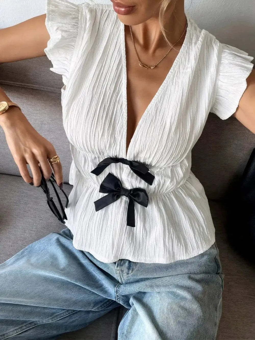 Bow V-Neck Cap Sleeve Blouse - Trendsi