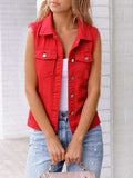 Full Size Button Down Raw Hem Sleeveless Denim Jacket Plus Size - Trendsi - Flyclothing LLC