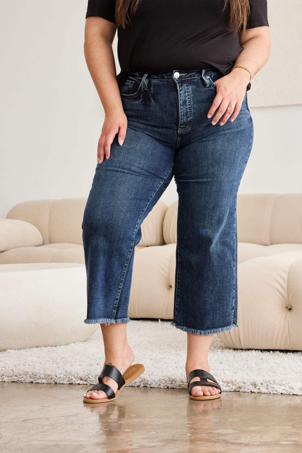 RFM Full Size Tummy Control High Waist Raw Hem Jeans - Trendsi - Flyclothing LLC