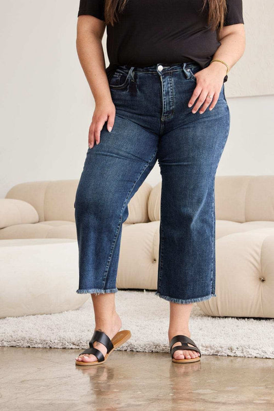 RFM Full Size Tummy Control High Waist Raw Hem Jeans - Trendsi - Flyclothing LLC