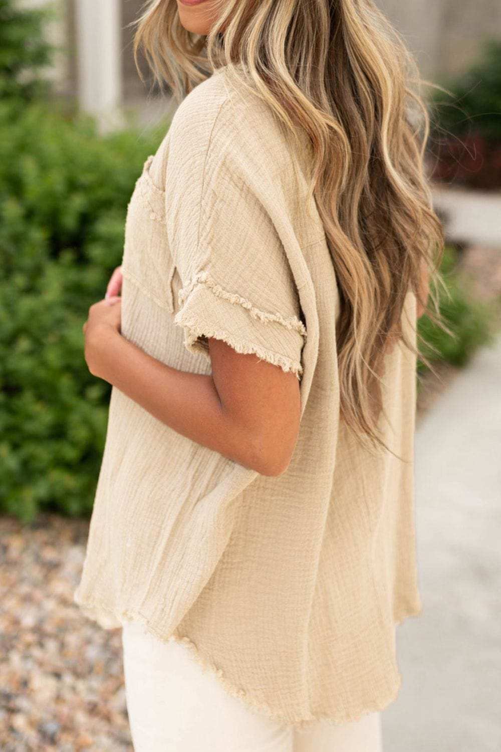 Textured Frayed Trim Half Button Short Sleeve Top - Trendsi - Flyclothing LLC