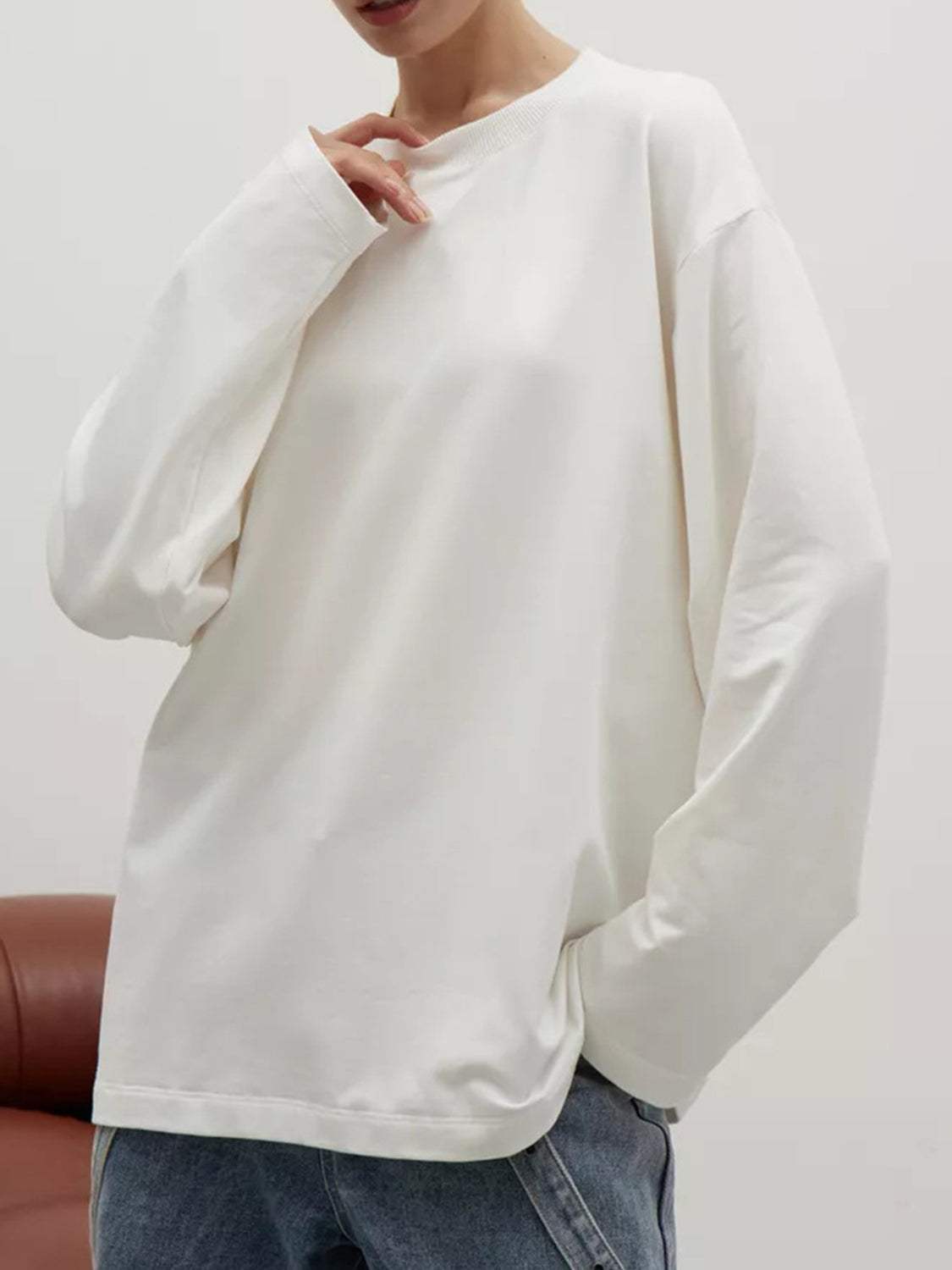 Round Neck Dropped Shoulder Long Sleeve T-Shirt - Trendsi - Flyclothing LLC