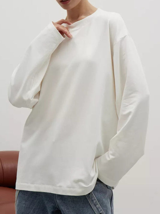 Round Neck Dropped Shoulder Long Sleeve T-Shirt - Trendsi