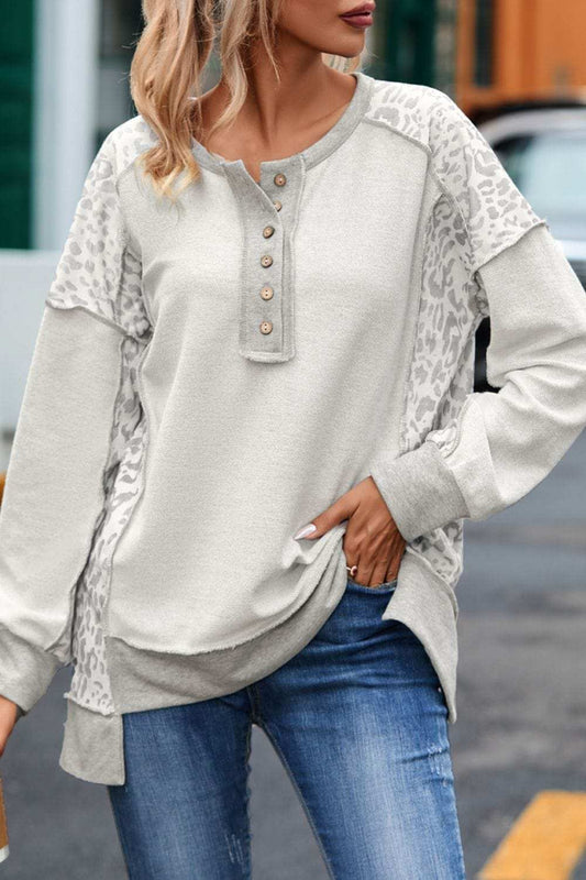 Exposed Seam Leopard Long Sleeve Sweatshirt - Trendsi - Flyclothing LLC
