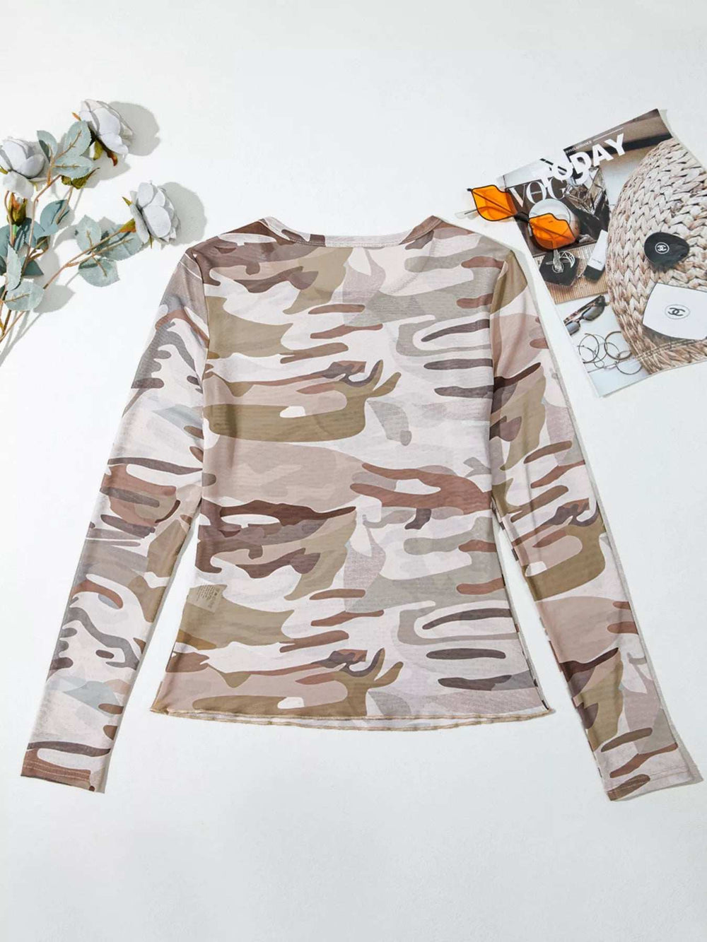 Camouflage Print Mesh Long Sleeve Top - Trendsi - Flyclothing LLC