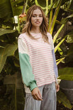 BiBi Exposed Seam Slit Striped Round Neck T-Shirt - Trendsi - Flyclothing LLC