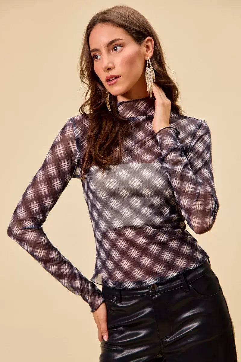 SO ME Plaid Mesh Knit Long Sleeve Top with Thumb Opening - Trendsi - Flyclothing LLC