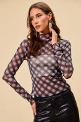 SO ME Plaid Mesh Knit Long Sleeve Top with Thumb Opening - Trendsi - Flyclothing LLC