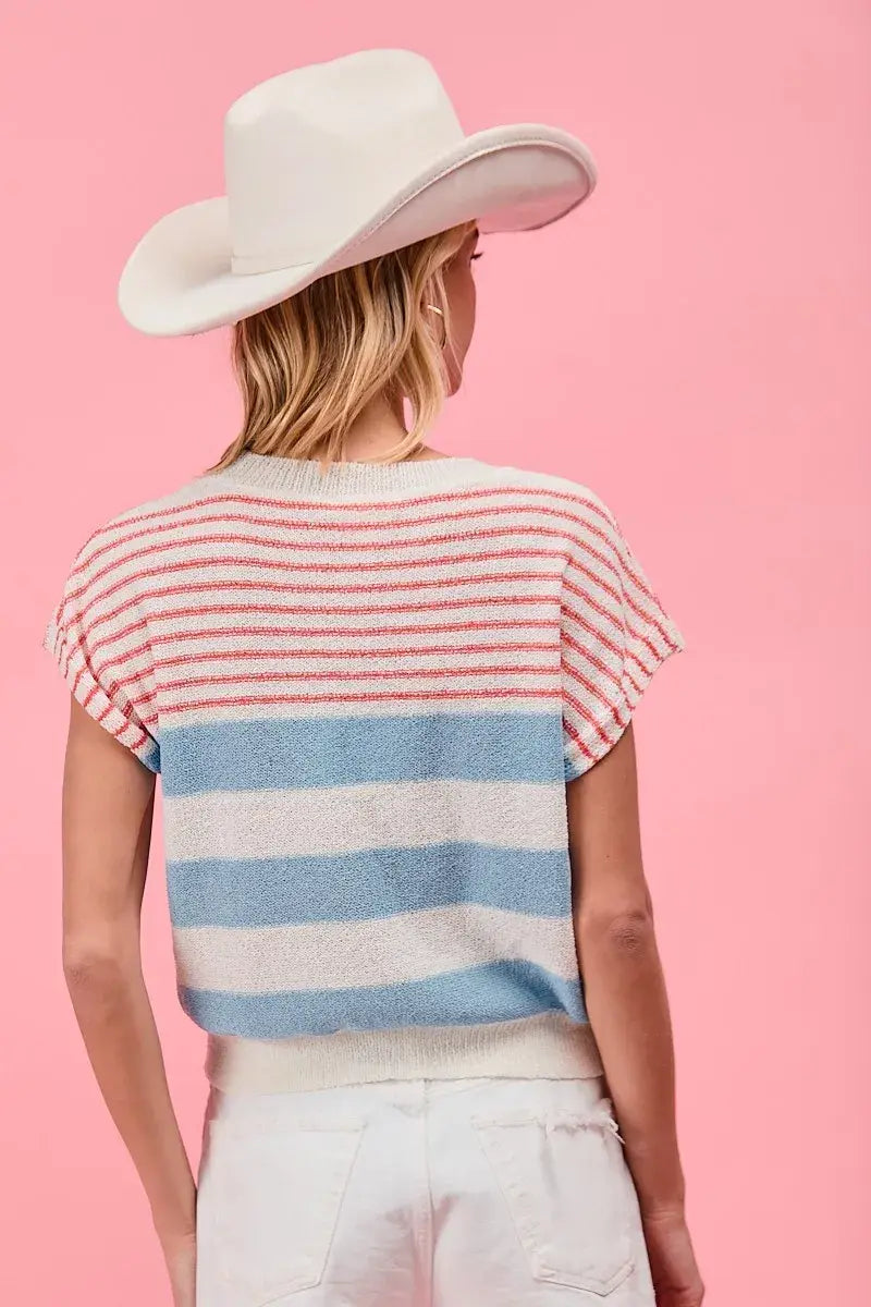 BiBi Stripes Lightweight Short Sleeve Sweater - Trendsi - Flyclothing LLC