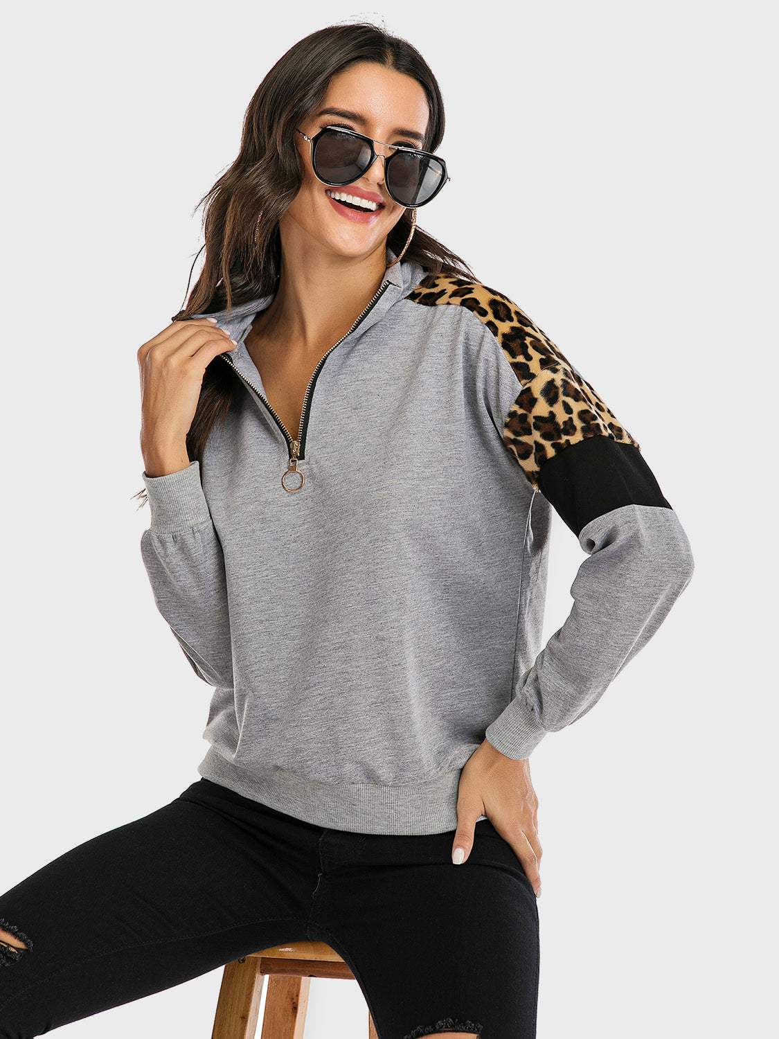 Perfee Contrast Leopard Half Zip Long Sleeve Sweatshirt - Trendsi - Flyclothing LLC